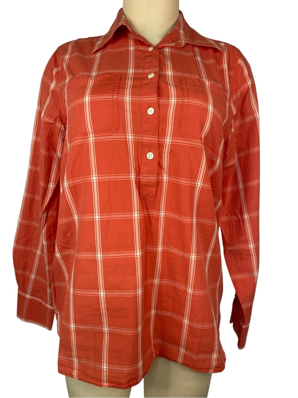 Lands End Reddish Orange Plaid Long Sleeve  Shirt Women’s Small